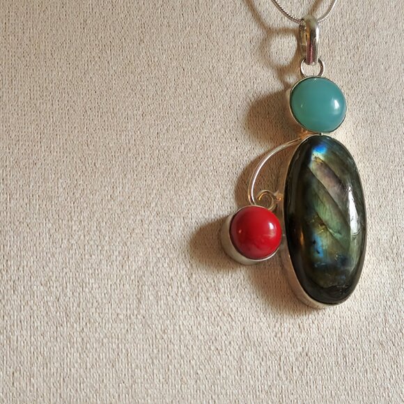 NEW ALL NATURAL LABRADORITE RED CORAL AMAZONITE Pendant 18" Sterling Necklace - Picture 7 of 8